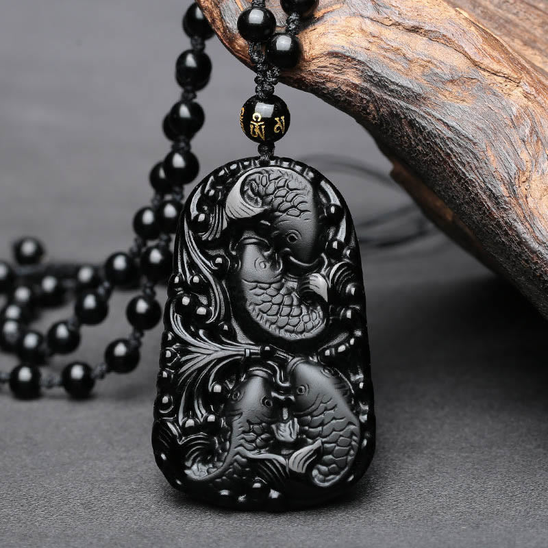 Mythstone Black Obsidian Koi Fish Engraved Strength Beaded Necklace Pendant