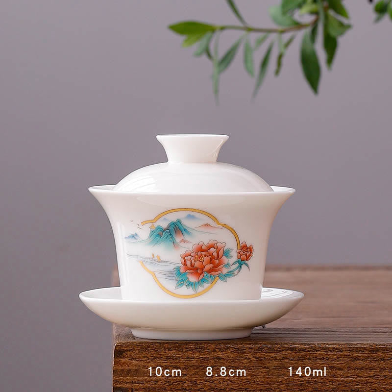 Mythstone White Porcelain Mountain Landscape Countryside Ceramic Gaiwan Teacup Kung Fu Tea Cup And Saucer With Lid