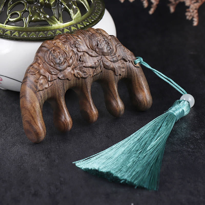 Mythstone Green Sandalwood Plum Blossom Flowers Lotus Koi Fish Engraved Soothing Tassel Comb