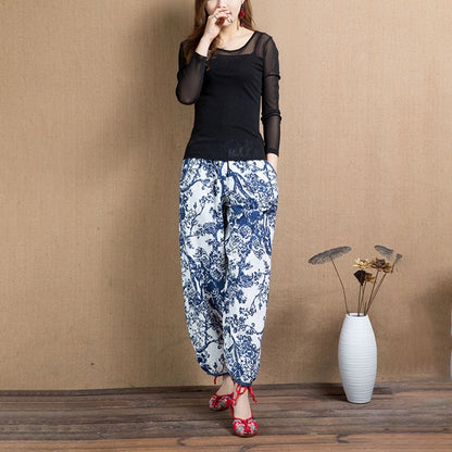 Mythstone Blue Tree Flowers Print Harem Pants With Pockets