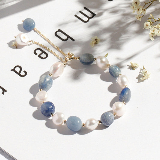 Mythstone Natural Blue Aventurine Crystal Pearl Bead Healing Bracelet