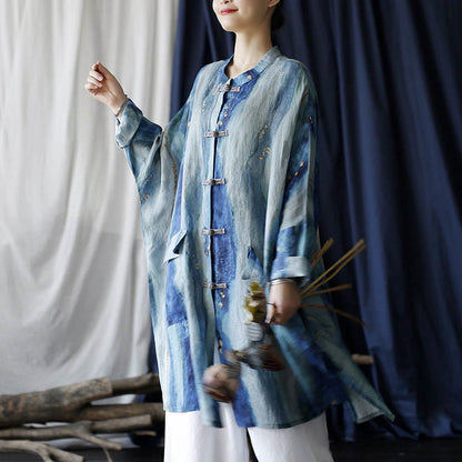 Mythstone Blue White Beige Small Flower Frog-button Design Long Sleeve Ramie Linen Jacket Shirt With Pockets