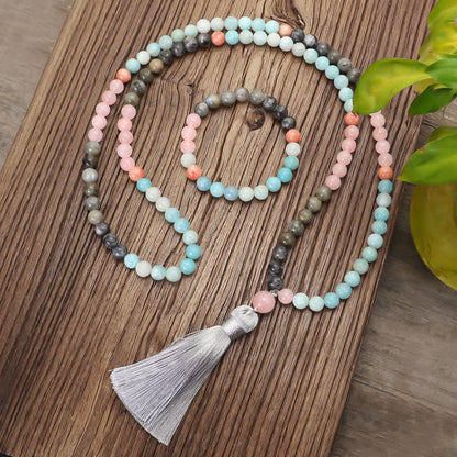 108 Mala Beads Amazonite Black Glitter Stone Positive Tassel Bracelet