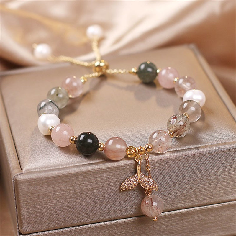 Mythstone Strawberry Quartz Rutilated Quartz Fishtail Charm Healing Bracelet