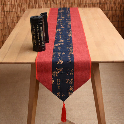 Mythstone Classic Chinese Style Lotus Koi Fish Flower Crane Calligraphy Enlightenment Cotton Linen Tassels Table Runner