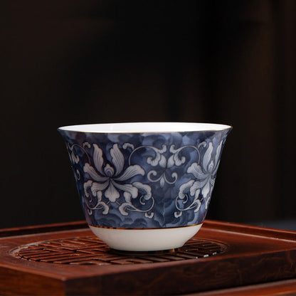 Mythstone Colorful Flowers Orchid Sea Waves Blue and White Porcelain Ceramic Teacup Kung Fu Tea Cup