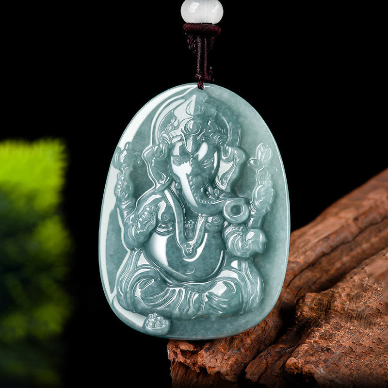 Mythstone Natural Jade Ganesh Ganpati Elephant Protection Amulet Necklace Pendant