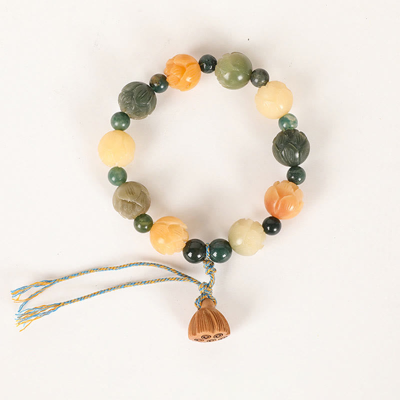 Mythstone Bodhi Seed Lotus Bead Engraved Moss Agate Peace Calm Bracelet