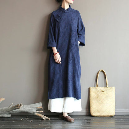 Mythstone Flower Jacquard Midi Dress Long Sleeve Cotton Linen Dress Wide Leg Pants With Pockets