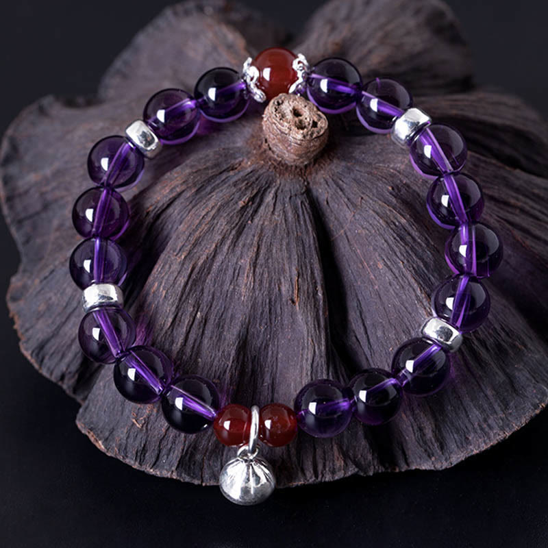 Mythstone 925 Sterling Silver Natural Amethyst Red Agate Lotus Positive Bracelet