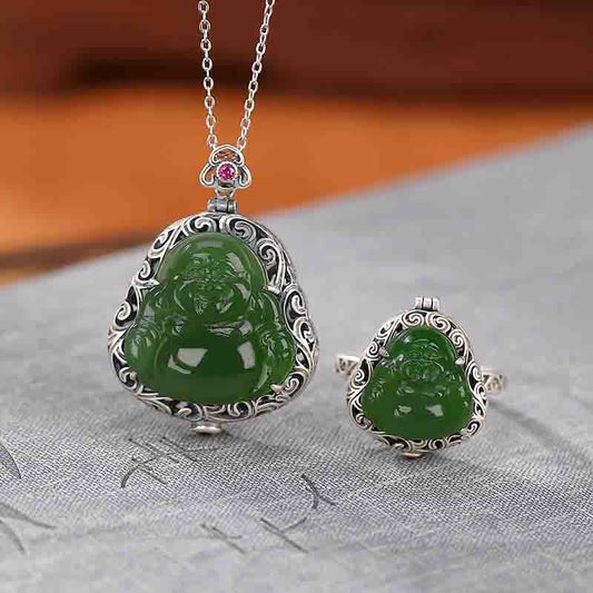 Mythstone 925 Sterling Silver Natural Hetian Cyan Jade Laughing Buddha Auspicious Clouds Success Necklace Pendant Ring Set