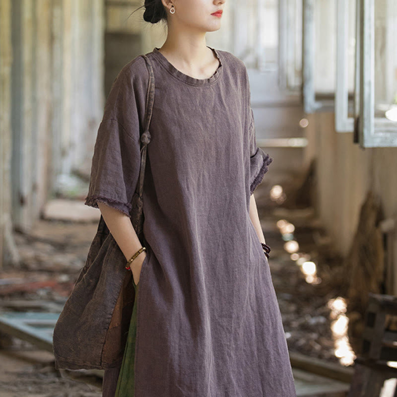 Mythstone Mid Length Dress Ramie Linen Half Sleeve Split Hem Top T-Shirt