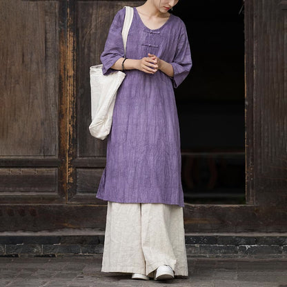 Mythstone Handmade Tie Dye Ramie Linen Frog-Button Midi Dress Wide Leg Pants With Pockets