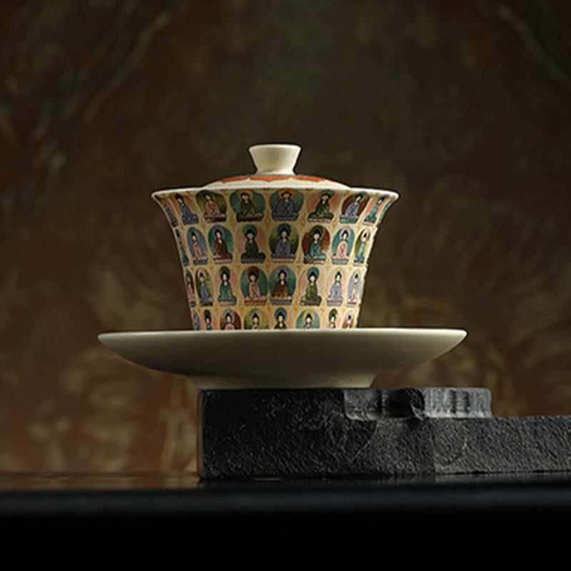 Taza de té de kung fu Gaiwan con tapa y diseño de apsaras voladoras de mil budas de Mythstone Dunhuang