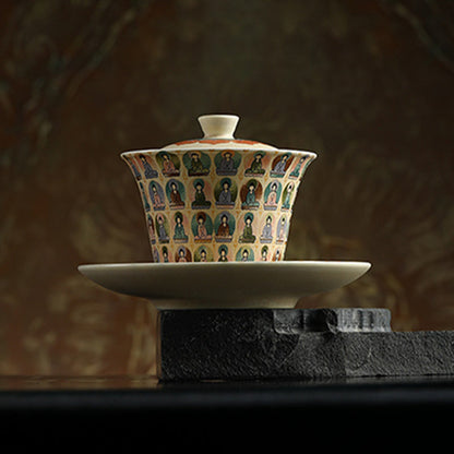 Taza de té de kung fu Gaiwan con tapa y diseño de apsaras voladoras de mil budas de Mythstone Dunhuang