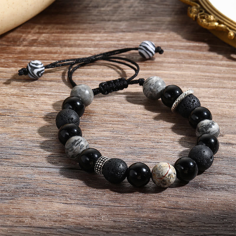 Mythstone Vintage Lava Rock Black OMythstoneidian Picasso Jasper Beads Support Rope Bracelet