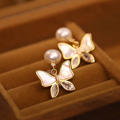 Mythstone 18K Gold Plated Copper Natural Shell Pearl Butterfly Sincerity Stud Earrings