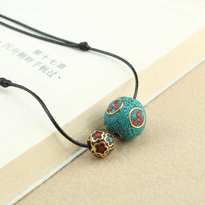 Mythstone Tibetan Turquoise Double Bead Protection Strength Necklace Pendant