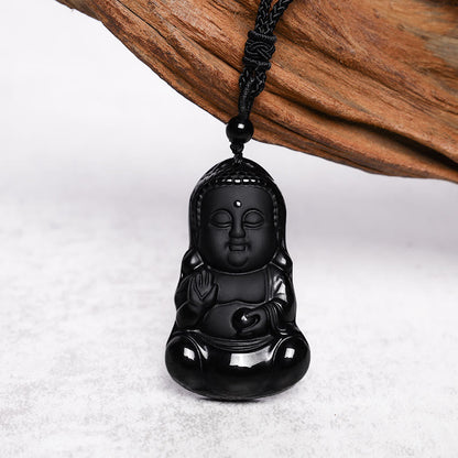 Mythstone Natural Black Obsidian Crystal Buddha Strength Protection Amulet Lucky Charm Pendant Necklace