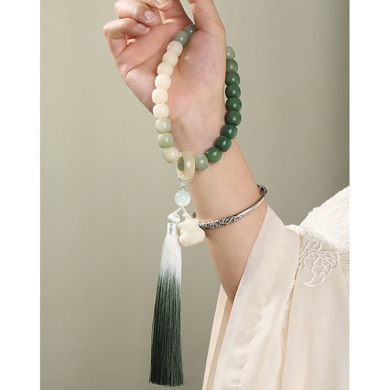 Mythstone Natural Gradient Bodhi Seed Fortune Money Bag Lotus Wisdom Tassel Wrist Mala