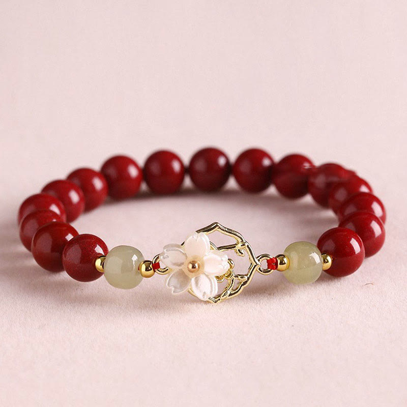 MythStone Natural Cinnabar Jade Beaded Tridacna Stone Flower Blessing Bracelet