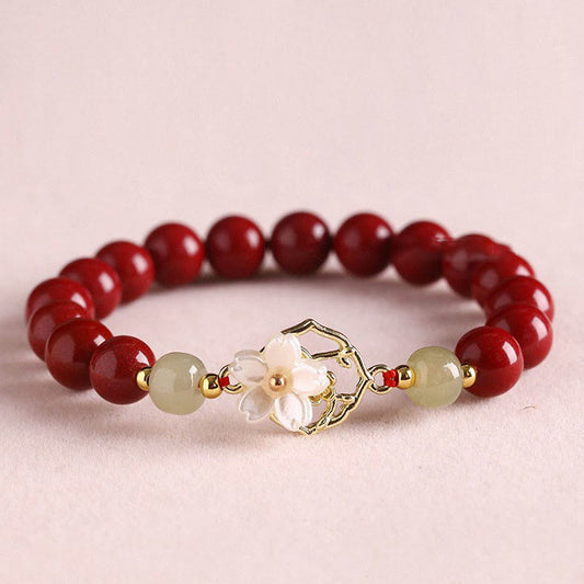 Mythstone Natural Cinnabar Jade Beaded Tridacna Stone Flower Blessing Bracelet