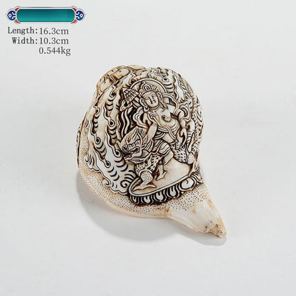 Mythstone Tibetan Handmade Engraved Shankha Buddha Avalokitesvara Conch Shell Wealth Decoration