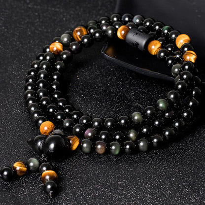 MythStone Natural Black Obsidian Rainbow Obsidian Gourd Blessing Bracelet Mala