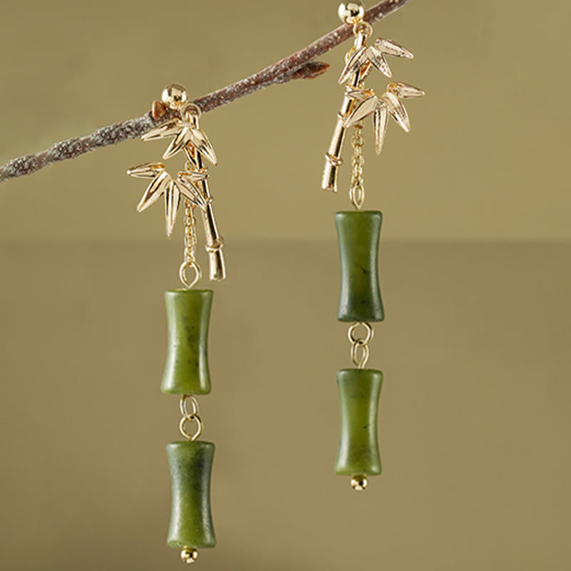 Mythstone 925 Sterling Silver Posts Copper Plated Gold Natural Peridot Bamboo Leaf Drop Earrings