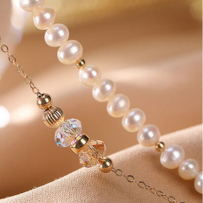 Mythstone 925 Sterling Silver 14K Gold Plated Natural Pearl Crystal Healing Double Layer Bracelet