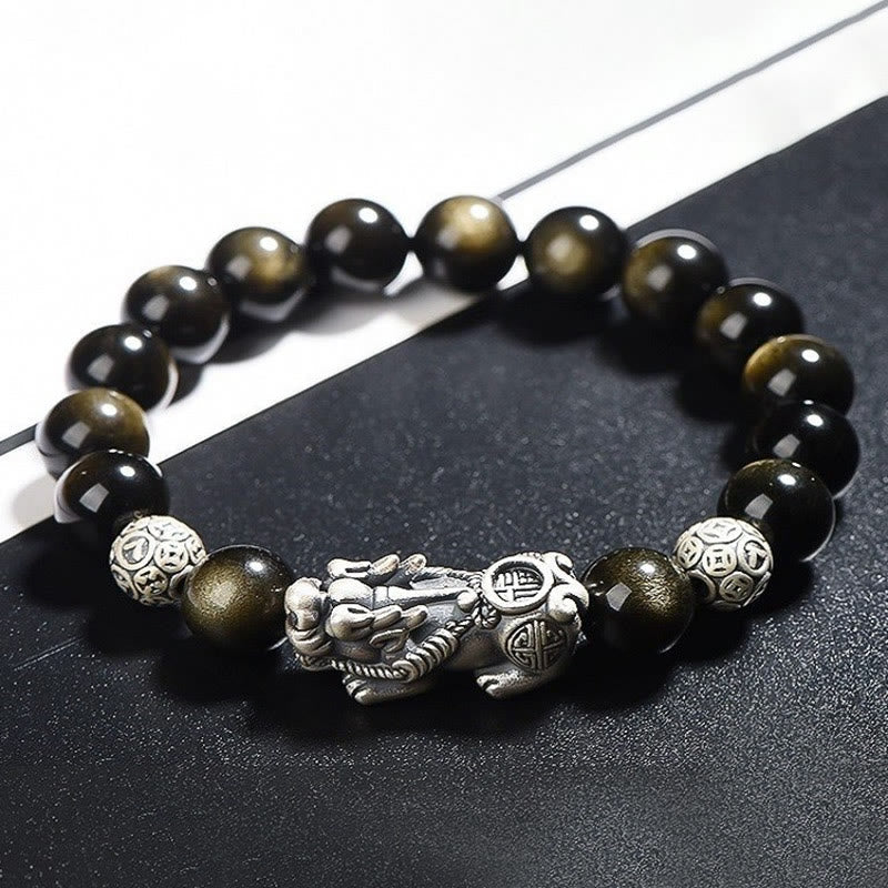 Mythstone 925 Sterling Silver Natural Gold Sheen Obsidian PiXiu Wealth Protection Bracelet