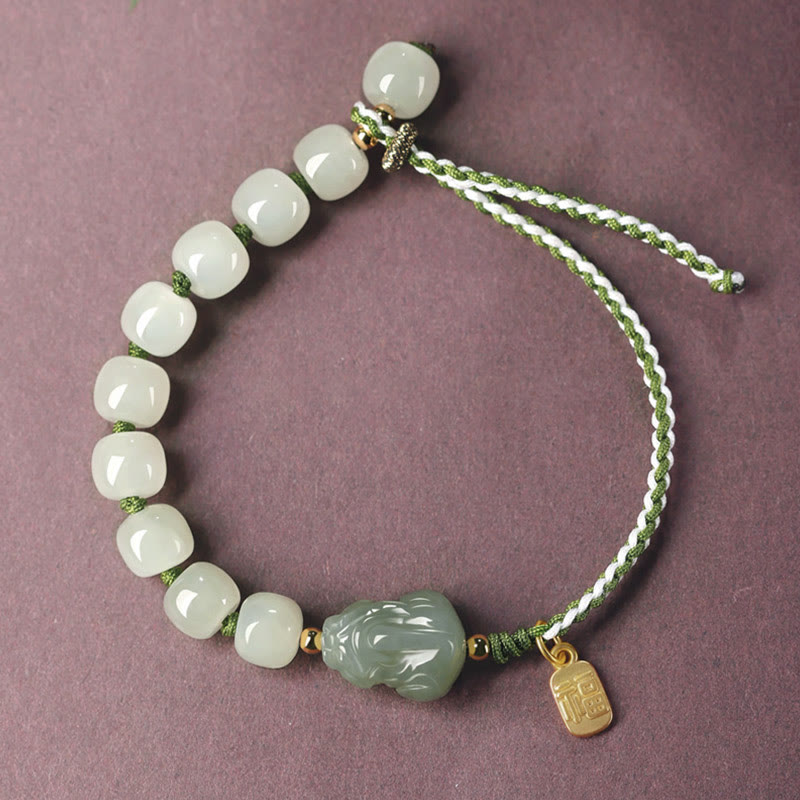 Mythstone Natural Hetian Jade PiXiu Luck Fu Character String Bracelet