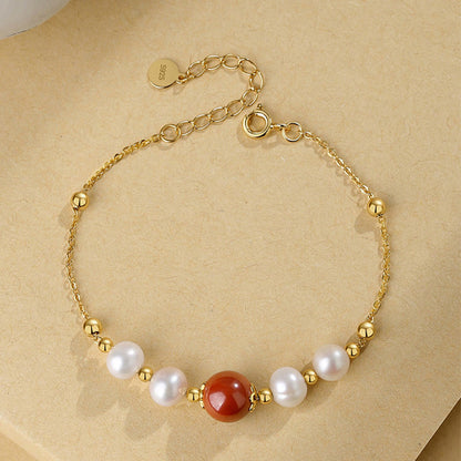 Mythstone 925 Sterling Silver Pearl Cinnabar Healing Bead Chain Bracelet