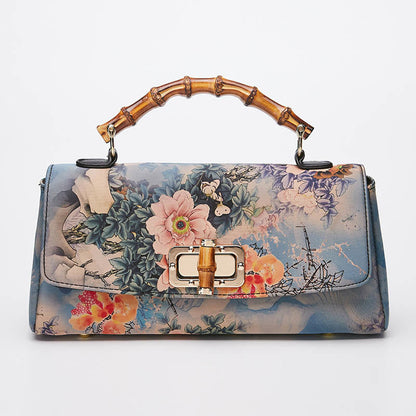 Mythstone Flower Pattern Bamboo Handle Metal Chain Crossbody Bag Handbags