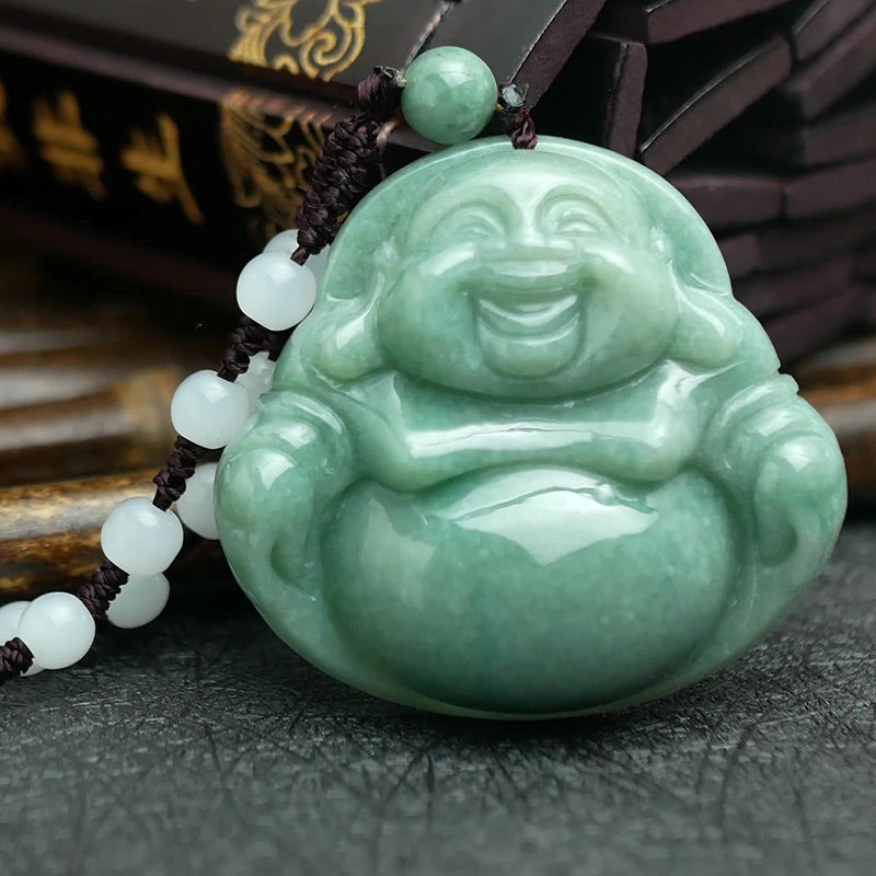 Mythstone Laughing Buddha Cyan Jade Harmony Necklace String Bead Pendant