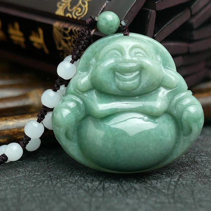 Mythstone Laughing Buddha Cyan Jade Harmony Necklace String Bead Pendant