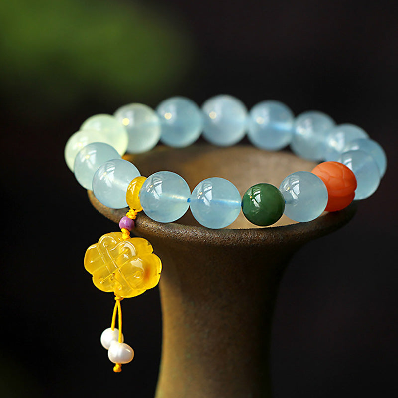 Mythstone Natural Aquamarine Amber Chinese Knotting Charm Peace Bracelet