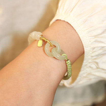 Pulsera trenzada con doble hebilla de paz y carácter Fu con cuentas de jade hetiano natural Mythstone