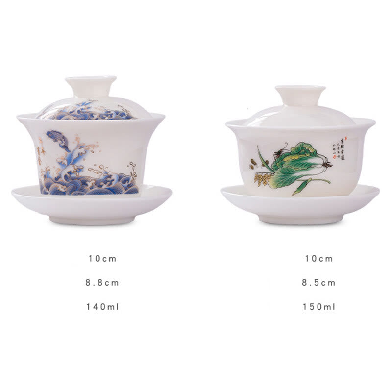 Mythstone White Porcelain Mountain Landscape Countryside Ceramic Gaiwan Teacup Kung Fu Tea Cup And Saucer With Lid