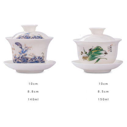 Mythstone White Porcelain Mountain Landscape Countryside Ceramic Gaiwan Teacup Kung Fu Tea Cup And Saucer With Lid