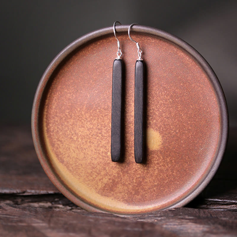 Mythstone 925 Sterling Silver Ebony Wood Texture Balance Peace Drop Dangle Earrings