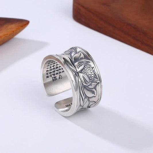 Mythstone 999 Sterling Silver Lotus Flower Heart Sutra Protection Ring