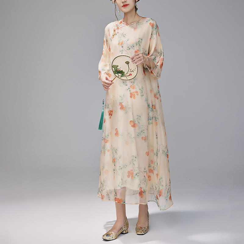 Mythstones 100% Mulberry Silk 6 Momme Dress Vintage Loose Lychee Fruit Tree Patttern Qipao Dress Women's Cheongsam Dress