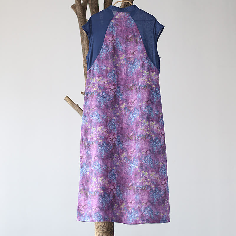 Mythstone Vintage Purple Flower Print Ramie Linen Cheongsam Midi Dress With Pockets