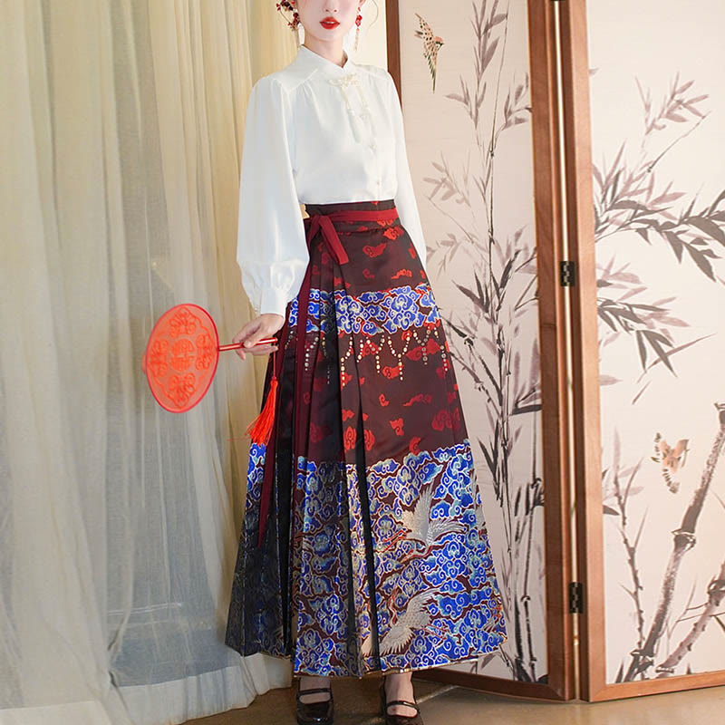 Mythstone Long Sleeve Shirt Top Chinese Hanfu Crane Blue Auspicious Clouds Horse Face Skirt Mamianqun