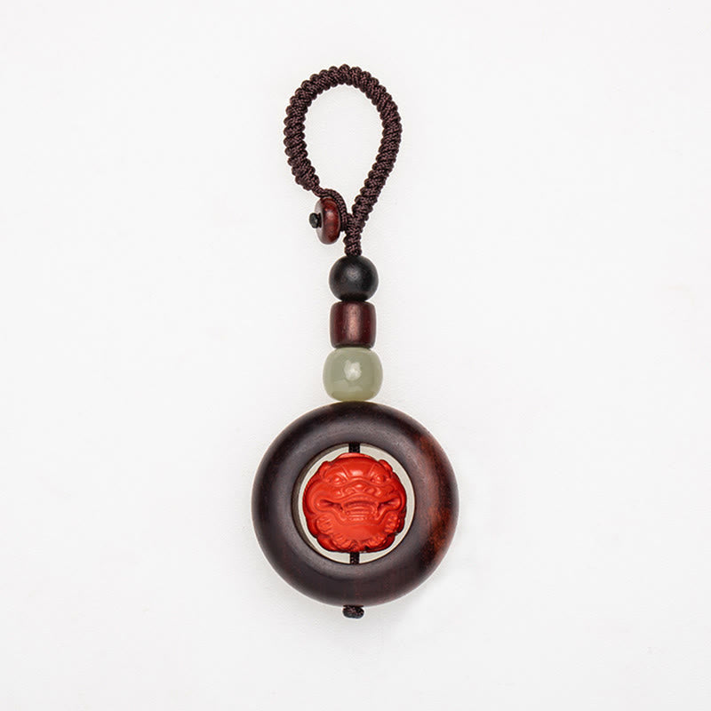 Mythstone Tibet Om Mani Padme Hum PiXiu Copper Coin Small Leaf Red Sandalwood Cinnabar Protection Key Chain