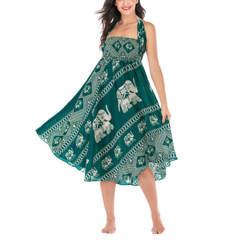 Mythstone Two Style Wear Bohemian Summer Elephant Lines Lace-up Skirt Dress