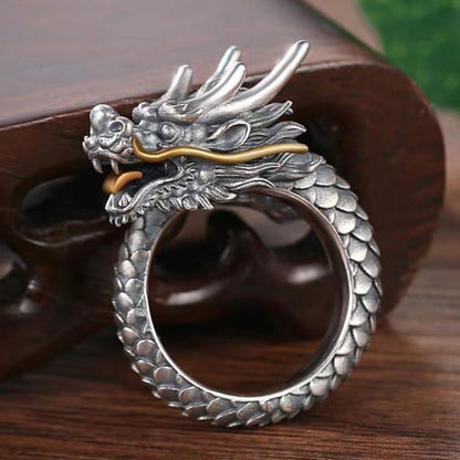 Mythstone 925 Sterling Silver Vintage Dragon Design Protection Strength Adjustable Ring