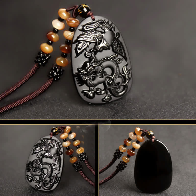 Mythstone Black Obsidian Tiger Eye Dragon Phoenix Protection Beaded Necklace Pendant