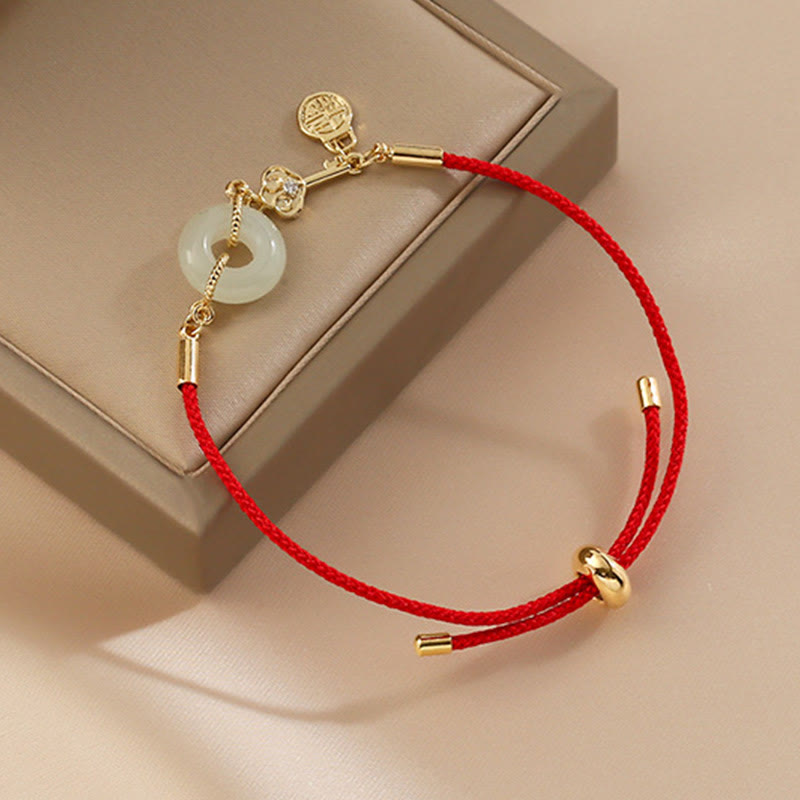 Mythstone 18K Gold Plated Hetian Jade Peace Buckle Fu Character Luck Red Rope Bracelet